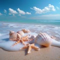 Beach bliss Pastel seashells, starfishes on tranquil sandy shoreline paradise