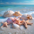 Beach bliss Pastel seashells, starfishes on tranquil sandy shoreline paradise