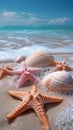 Beach bliss Pastel seashells, starfishes on tranquil sandy shoreline paradise