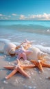 Beach bliss Pastel seashells, starfishes on tranquil sandy shoreline paradise