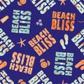 Beach bliss typography vector seamless pattern background.Neon orange indigo blue memphis design text, flip flops
