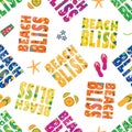Beach bliss typography vector seamless pattern background.Tropical color memphis design text, flip flops, shells, drinks