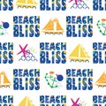 Beach bliss typography vector seamless pattern background.Tropical color memphis design text,sailing yachts, anchors