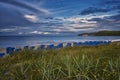 Beach and blue beach chairs on island RÃÂ¼gen, Northern Germany, on the coast of Baltic Sea Royalty Free Stock Photo