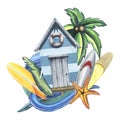 The beach blue cabin is wooden, striped with surfboards, trees and palm leaves, a wave and a starfish. Hand-drawn Royalty Free Stock Photo