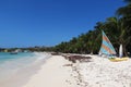 Beach with blue sea and palm trees in the background