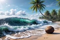 Beach blue waves, white sand, palm trees, blue sky Royalty Free Stock Photo