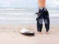 Beach, body or ready to start surfing with surfboard on vacation or adventure for fitness or travel. Back view of Royalty Free Stock Photo