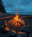 Beach Bonfire at Dusk Ocean Waves, Dark Sand, and Flying Sparks Royalty Free Stock Photo