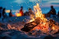 beach bonfire at night, with flames dancing and casting flickering shadows on the sand
