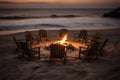 Beach Bonfire selective focus with Beautiful Sunset or sunrise no people. Royalty Free Stock Photo
