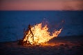 Beach Bonfire selective focus with Beautiful Sunset or sunrise nobody Royalty Free Stock Photo