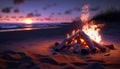 Beach bonfire at sunset, warm and cozy night at the sea with sun and sand dunes in background Royalty Free Stock Photo