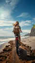 Beach bound cyclist Rear view of a woman with a surfboard on her bike