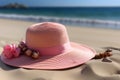 Beach bound style Pink straw hat on sandy shores, perfect for holidays