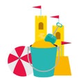 beach bucket shovel castle and ball Royalty Free Stock Photo