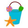 Beach bucket vector icon on a white background. Bucket with starfish illustration isolated on white. Small bucket with Royalty Free Stock Photo