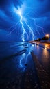 A beach with a bunch of lightning in the sky. Generative AI image. Royalty Free Stock Photo