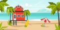 Beach bungalow house background. Cartoon tropical landscape with sand and water, tropical coast with palm trees, idyllic