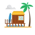 Beach bungalow with palm and surf