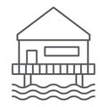 Beach bungalow thin line icon, seaside and hut, beach house sign, vector graphics, a linear pattern on a white