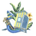 The beach cabana is striped blue and yellow, surfboard, road sign, tropical leaves, frangipani flowers and sea wave