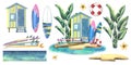 A beach cabin with surfboards, a lifebuoy and a palm tree on a sandy island with an azure sea, ocean. Watercolor Royalty Free Stock Photo