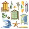 Beach cabines with surfboards, coconut palm, starfish, sandy island and sea wave. Watercolor illustration. A set of Royalty Free Stock Photo