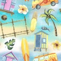 Beach cabins, surfboards, palm trees, flowers, coconuts. Watercolor illustration hand drawn. Seamless pattern on a