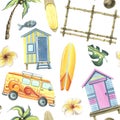 Beach cabins, surfboards, palm trees, flowers, coconuts. Watercolor illustration hand drawn. Seamless pattern on a white