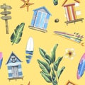Beach cabins, surfboards, palm trees, flowers, coconuts. Watercolor illustration hand drawn. Seamless pattern on a
