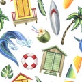 Beach cabins, surfboards, palm trees, flowers, coconuts, wave. Watercolor illustration hand drawn. Seamless pattern on a