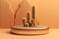 Beach cactus in round podium metal gold material design with desert summer background collection created with Generative AI