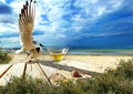 Beach cafe and glass of wine on wooden  table seascape seagull and seashell , sea water blue sky white clouds  and ocean summer na Royalty Free Stock Photo