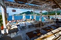 beach cafe interior on the seashore in a resort town, blue sunny sky, background of travel during vacation Royalty Free Stock Photo