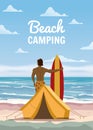 Beach Camping. Surfer with surfboard, tent camping on the tropical beach, palms. Summer vacation coastline beach sea