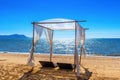 Beach canopies with sun loungers on beach Royalty Free Stock Photo
