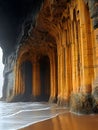 A beach cave with tall columnar rock formations and water lapping at the base of the columns near the shore Royalty Free Stock Photo