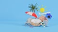 Beach chair, coconut tree, blue swimming ring, suitcase, plane, blue camera and sun set on blue background in summer theme.3d