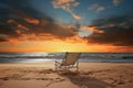 a beach chair on a deserted sandy beach with a sunset over the ocean