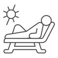 Beach chair and a man relaxing in sun thin line icon, Aquapark concept, Man sunbathing sign on white background, Person