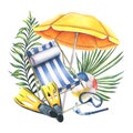 Beach chair with parasol, mask, snorkel and fins for swimming, beach ball and tropical palm leaves. Watercolor Royalty Free Stock Photo