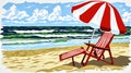 Beach chair with red-and-white striped parasol on the beach, simple graphic of color blocks, concept summer vacation Royalty Free Stock Photo