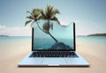 tropical summer travel computer concept laptop beach vacation palm tree. Generative AI. Royalty Free Stock Photo