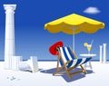 Beach chair and umbrella against the backdrop of the Adriatic landscape with ruined antique columns