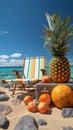 beach chair with umbrella,palm tree,lifebuoy,seaside,pineapple, sunglasses,suitcase Royalty Free Stock Photo