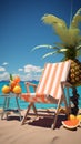 beach chair with umbrella,palm tree,lifebuoy,seaside,pineapple, sunglasses,suitcase Royalty Free Stock Photo