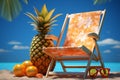 beach chair with umbrella,palm tree,lifebuoy,seaside,pineapple, sunglasses,suitcase summer travel concept Royalty Free Stock Photo