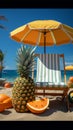 beach chair with umbrella,palm tree,lifebuoy,seaside,pineapple, sunglasses,suitcase