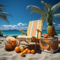 beach chair with umbrella,palm tree,lifebuoy,seaside,pineapple, sunglasses,suitcase summer travel concept Royalty Free Stock Photo